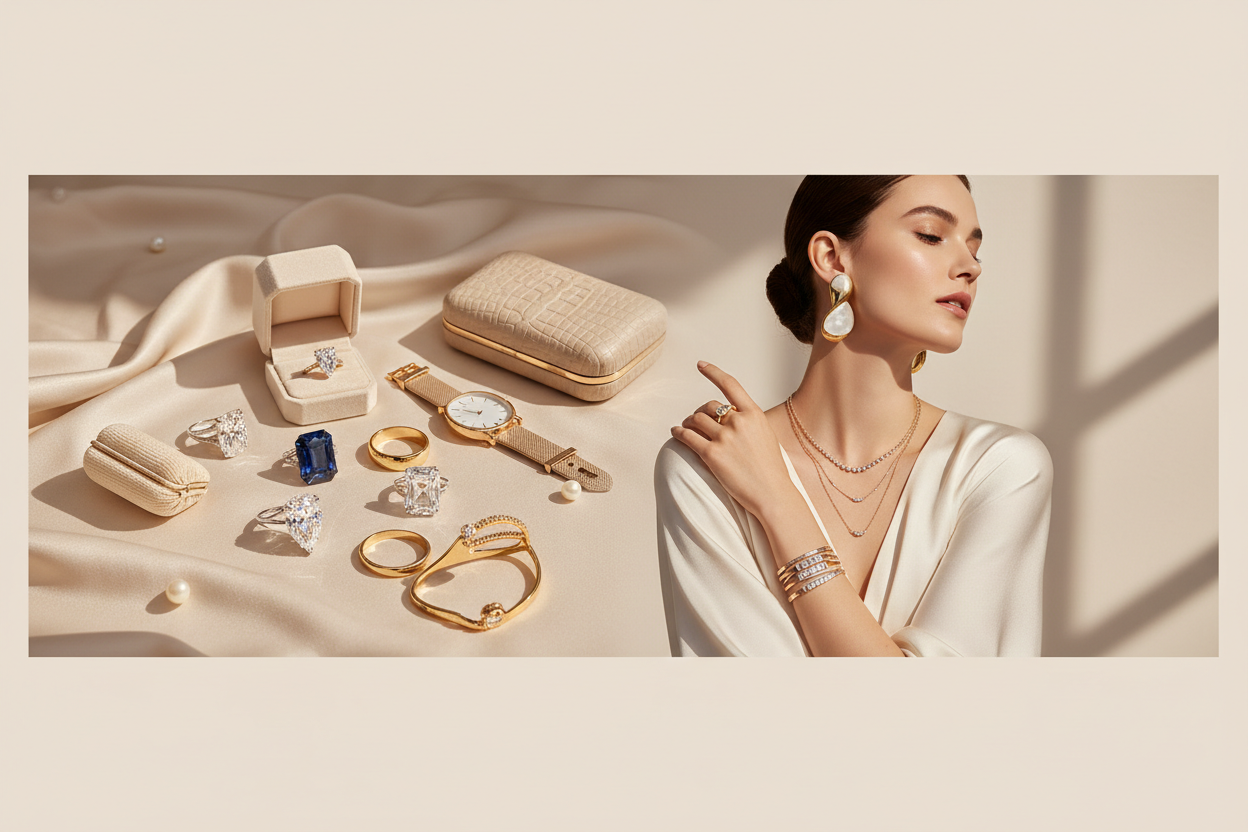 High-end Shopify banner featuring a fashion model wearing elegant jewelry (necklace, earrings, bracelet), combined with a beautifully styled flatlay of rings and accessories beside her. Shot in soft warm light with a luxury editorial mood. Neutral minimalist background, creamy tones, smooth shadows, premium jewelry reflections, Vogue-inspired artistic composition, ultra-sharp 8K resolution, refined and modern