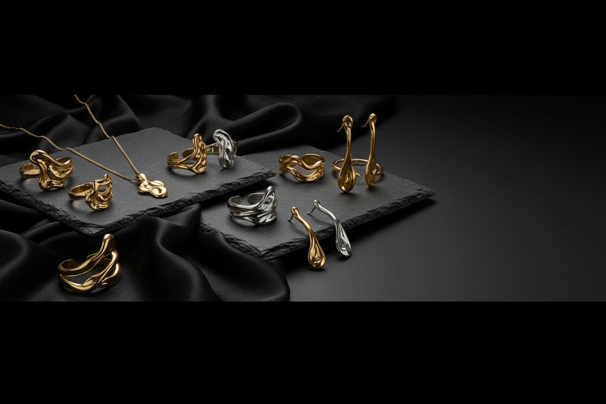 Ultra-wide luxury jewelry banner showcasing an arranged collection of sculptural molten-metal pieces: rings, necklaces, bracelets, and earrings displayed on matte black stone and satin fabric. Soft cinematic lighting, deep shadows, reflective highlights. Modern minimalist aesthetic, premium editorial look, clean negative space for text, rich textures, 8K hyperreal detail, high-fashion boutique vibe.